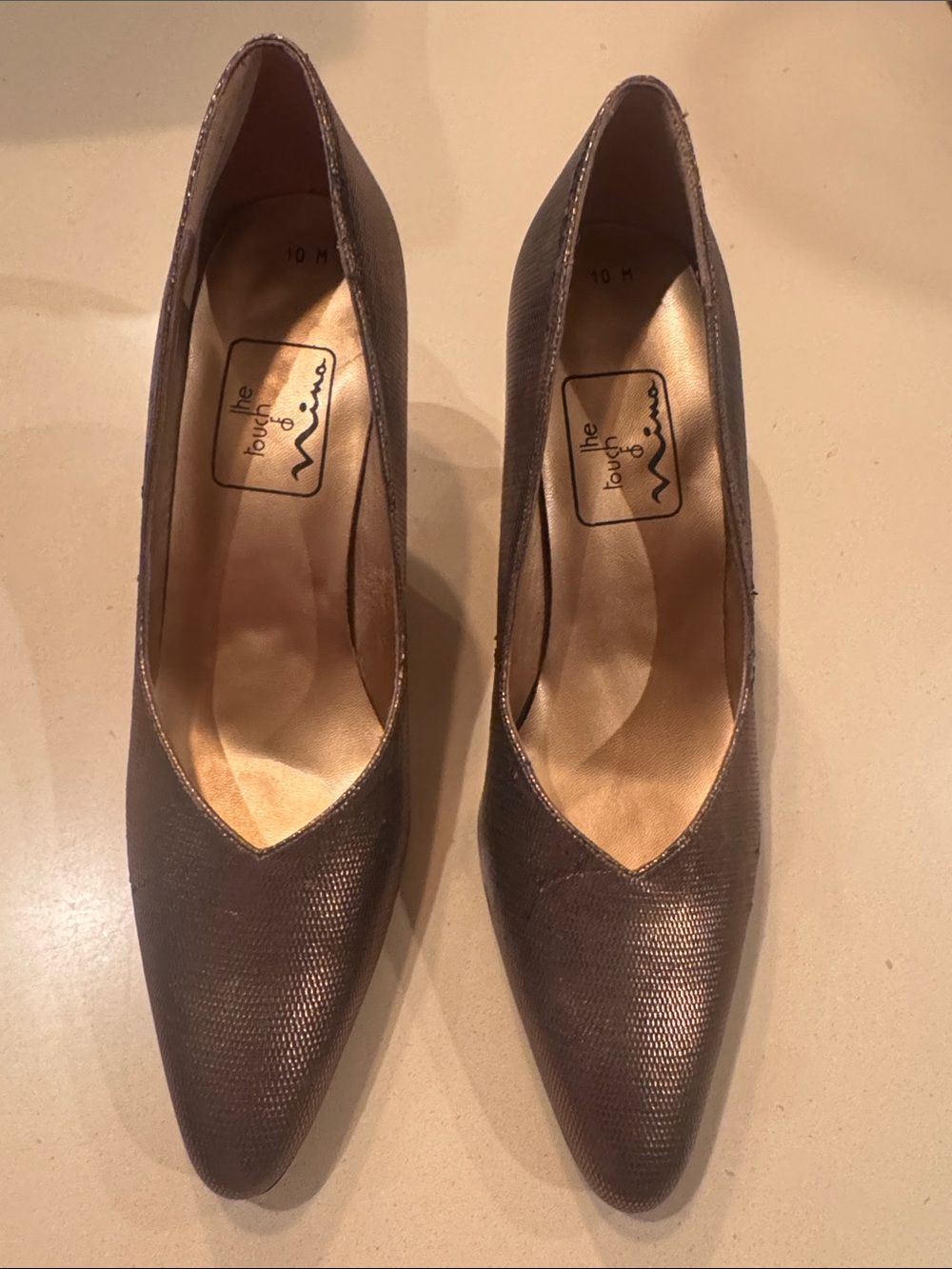 ☀️2 FOR 20!☀️ Touch of Nina Metallic Taupe/Lustrous Brown Pointed-Toe Pumps
